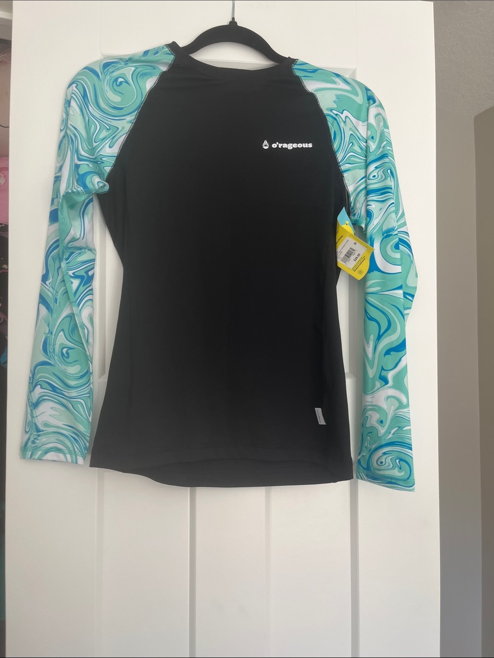 O'rageous Women's Long-Sleeve Swim Tee — Black with Aqua Marble Sleeves